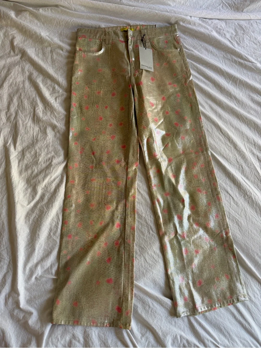 Mango Eckhaus Latta Straight Jeans Foil Polka Dot Silver Pink 40 - Picture 2 of 8
